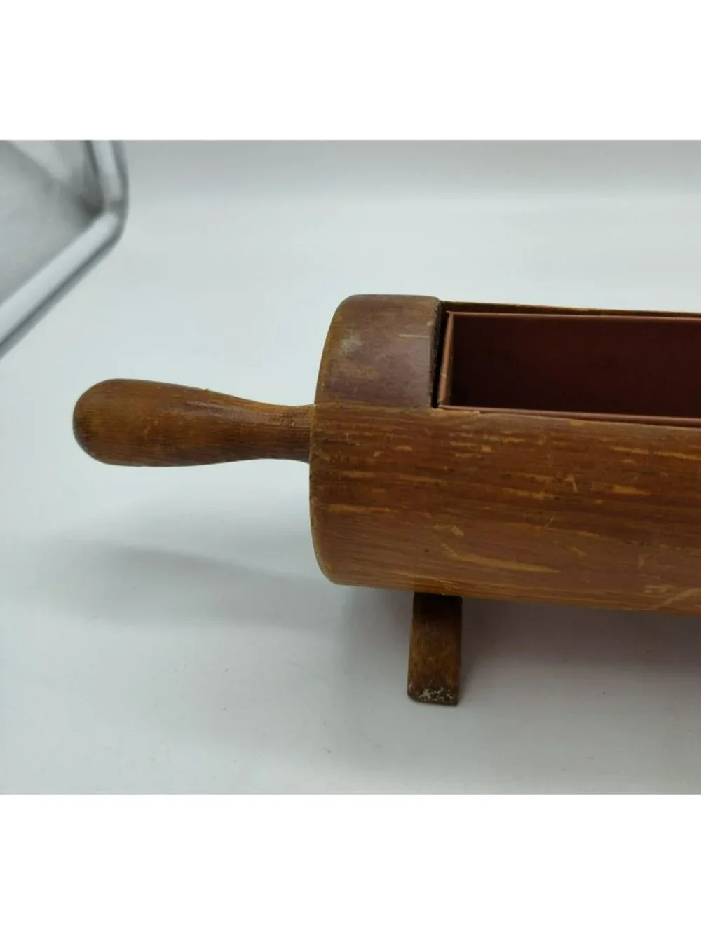 Vintage Wood Rolling Pin Planter or Recipe Card Holder, Painted Tin Insert, 14